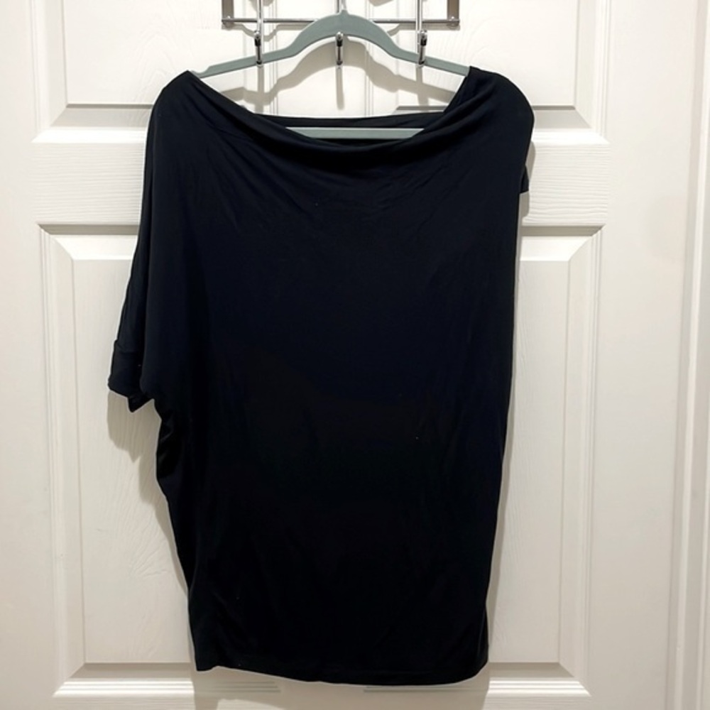 Cabi Black Asymmetrical Short Sleeve Drape Neck Tunic